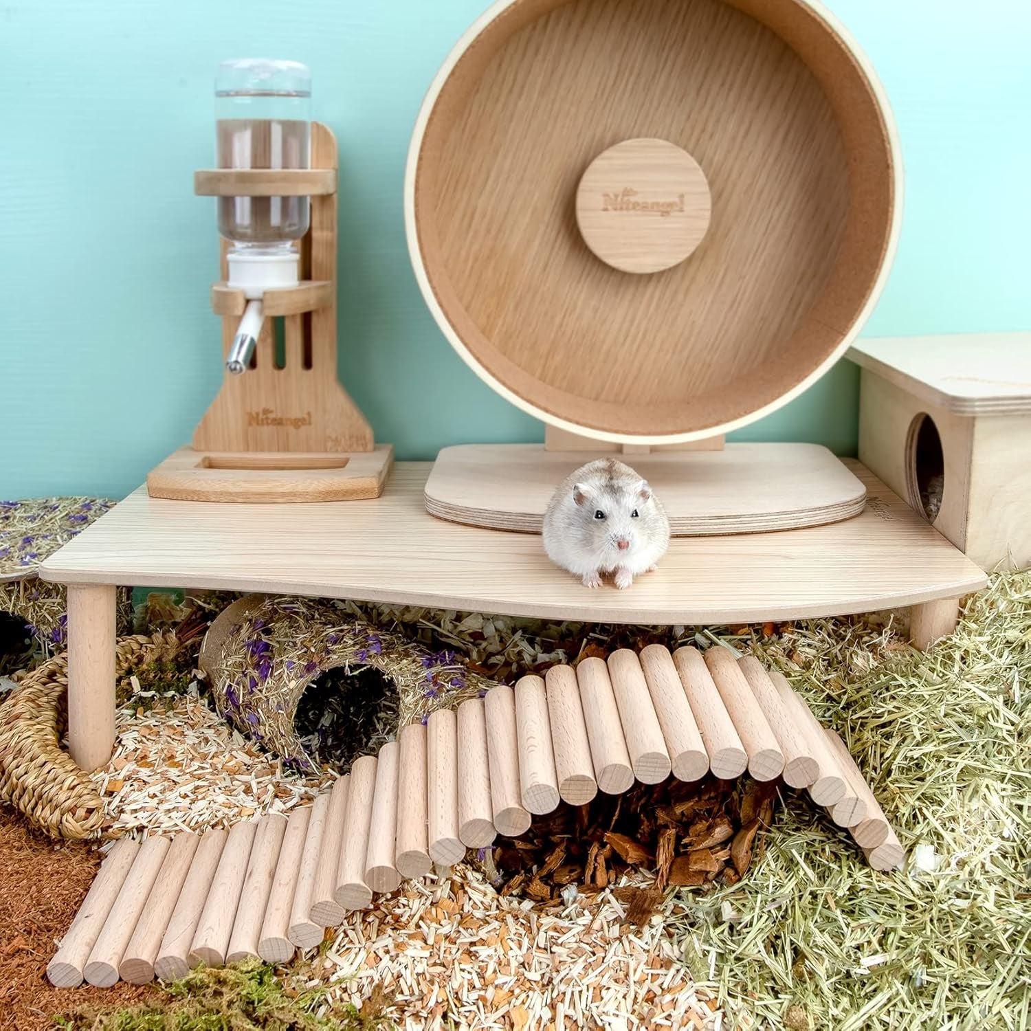 Hamster Play Wooden Platform for Dwarf Syrian Hamsters Gerbils Mice Degus or Other Small Pets (Wave - 7'' Height, Burlywood)