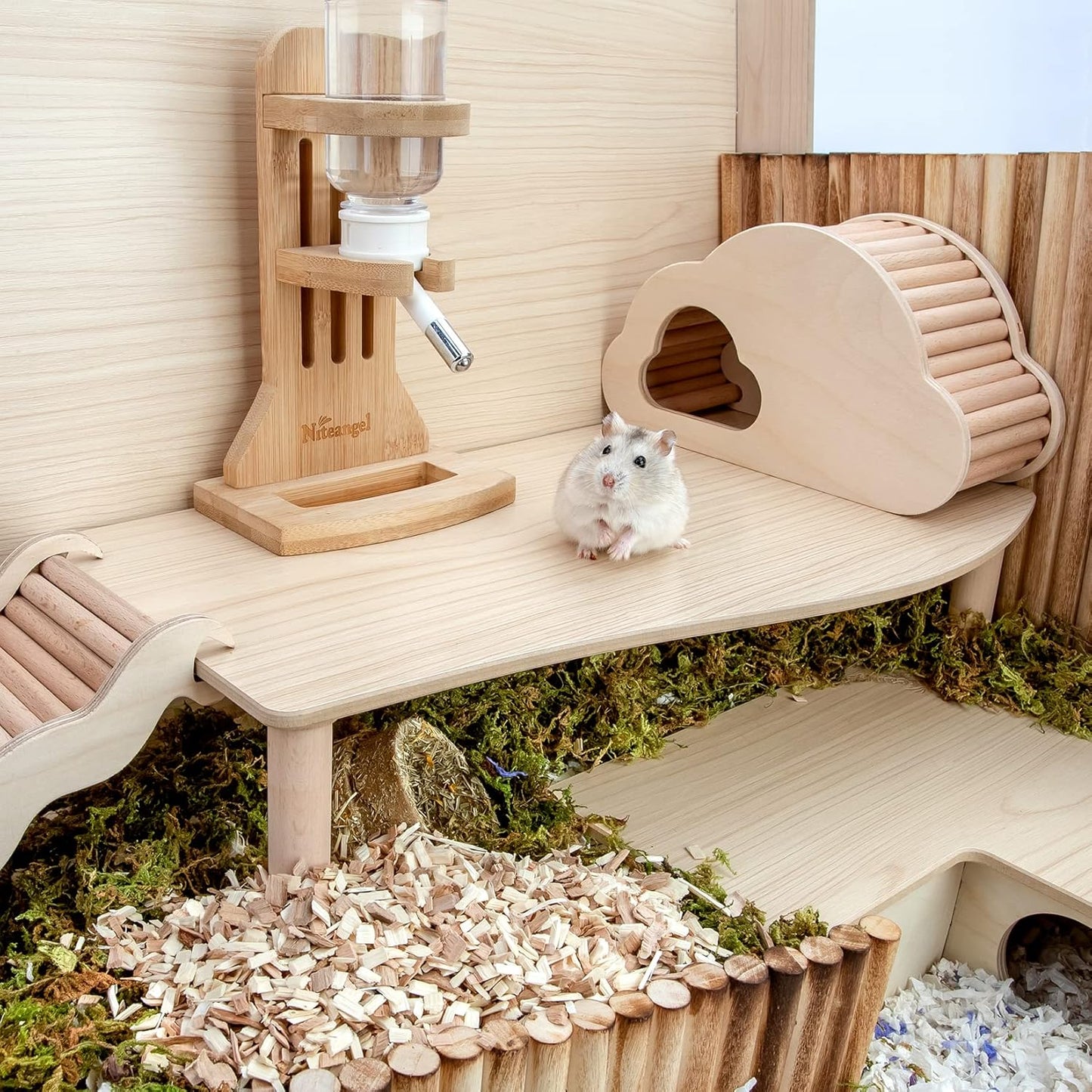 Hamster Play Wooden Platform for Dwarf Syrian Hamsters Gerbils Mice Degus or Other Small Pets (Wave - 7'' Height, Burlywood)