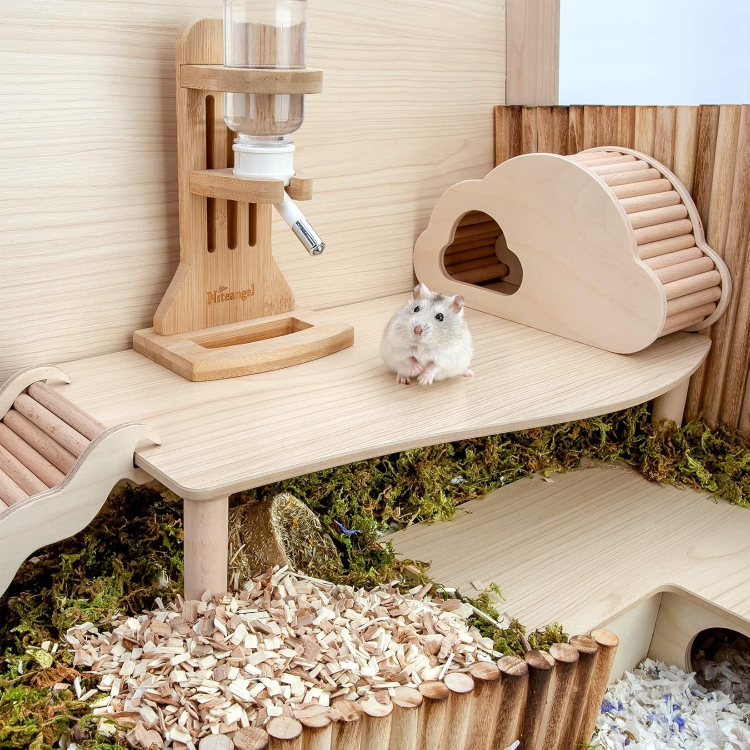 Hamster Play Wooden Platform for Dwarf Syrian Hamsters Gerbils Mice Degus or Other Small Pets (Wave - 7'' Height, Burlywood)