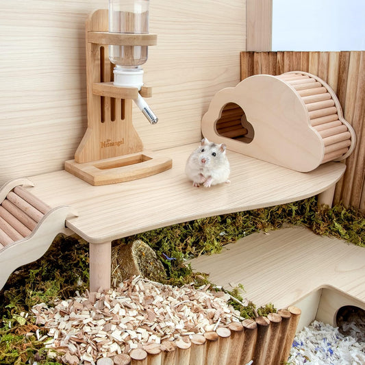 Hamster Play Wooden Platform for Dwarf Syrian Hamsters Gerbils Mice Degus or Other Small Pets (Wave - 7'' Height, Burlywood)